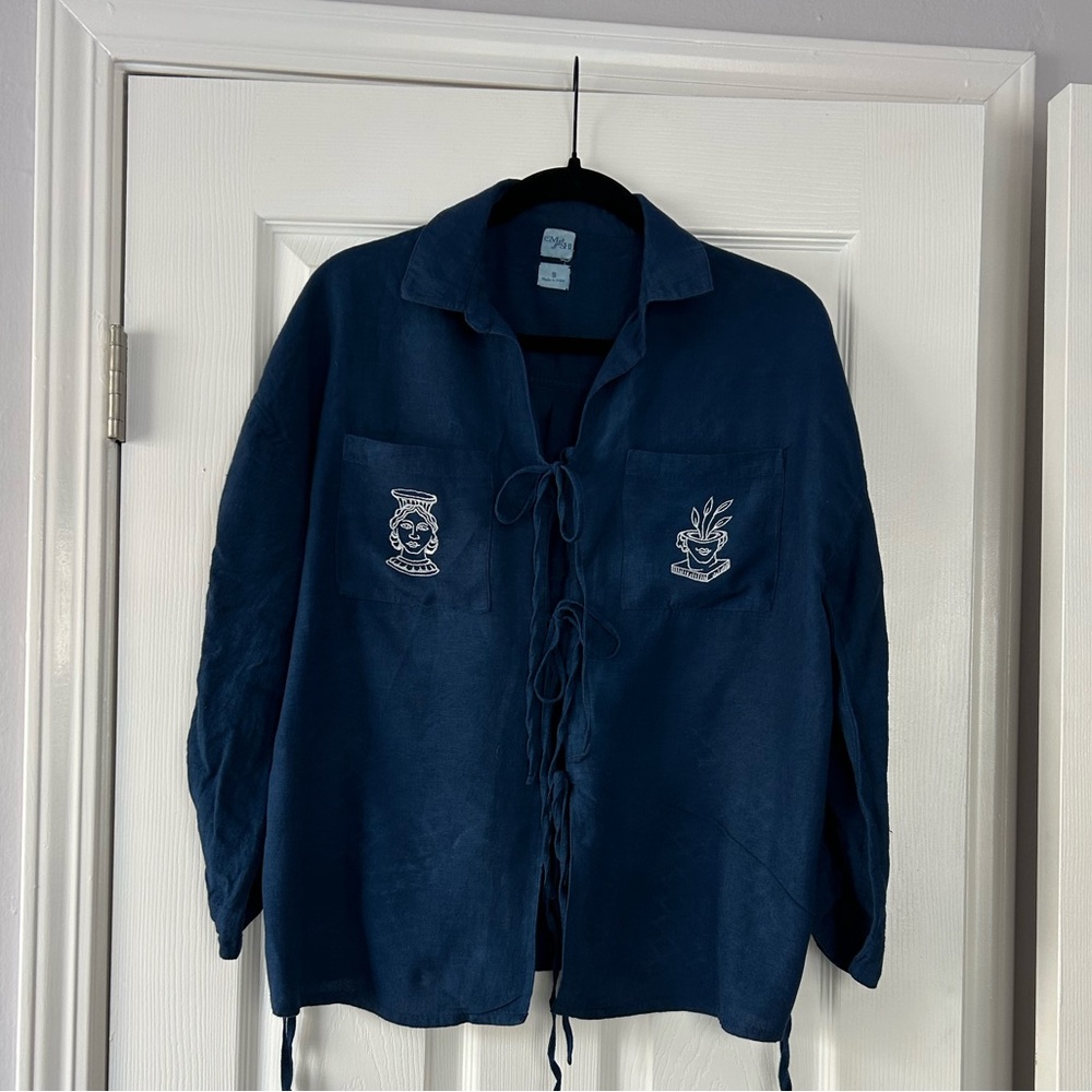 Em and Shi Indigo Blue Embroidered Tie-Front oversized Shirt Linen Sz Small